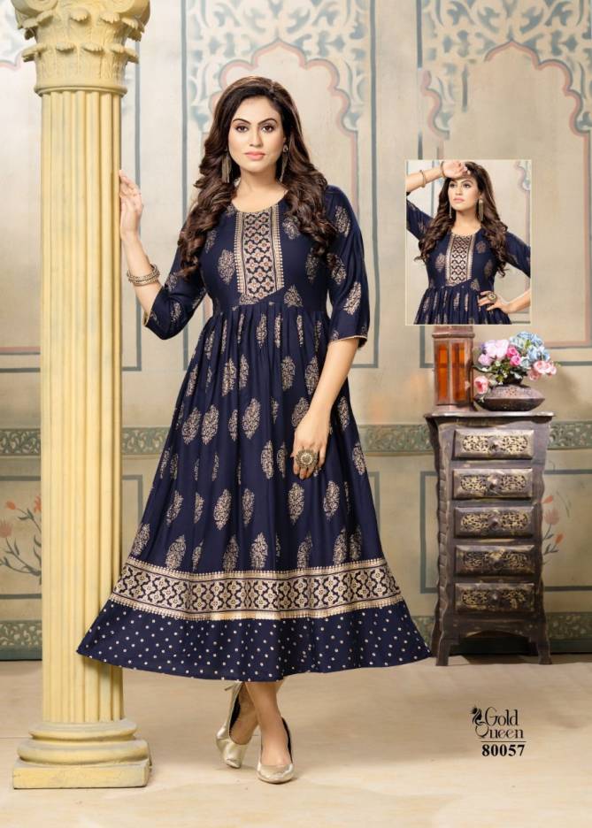 Mayra Gold Queen New Fancy Ethnic Wear Rayon Printed Long Anarkali Kurti Collection